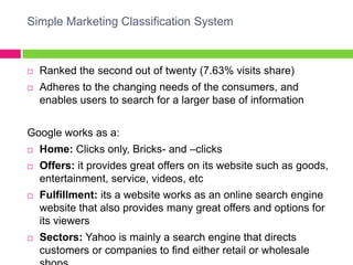 Simple Marketing Classification SystemRanked the second out of twenty (7.63% visits share) Adheres to the changing needs of the consumers, and enables users to search for a larger base of information Google works as a:Home: Clicks only, Bricks- and –clicksOffers:it provides great offers on its website such as goods, entertainment, service, videos, etcFulfillment:its a website works as an online search engine website that also provides many great offers and options for its viewersSectors: Yahoo is mainly a search engine that directs customers or companies to find either retail or wholesale shops