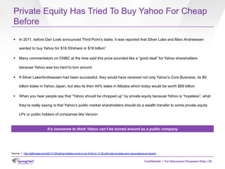 Confidential | For Discussion Purposes Only |
Private Equity Has Tried To Buy Yahoo For Cheap
Before
§  In 2011, before Da...