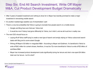 Confidential | For Discussion Purposes Only |
Step Six: End All Search Investment, Write Off Mayer
M&A, Cut Product Develo...