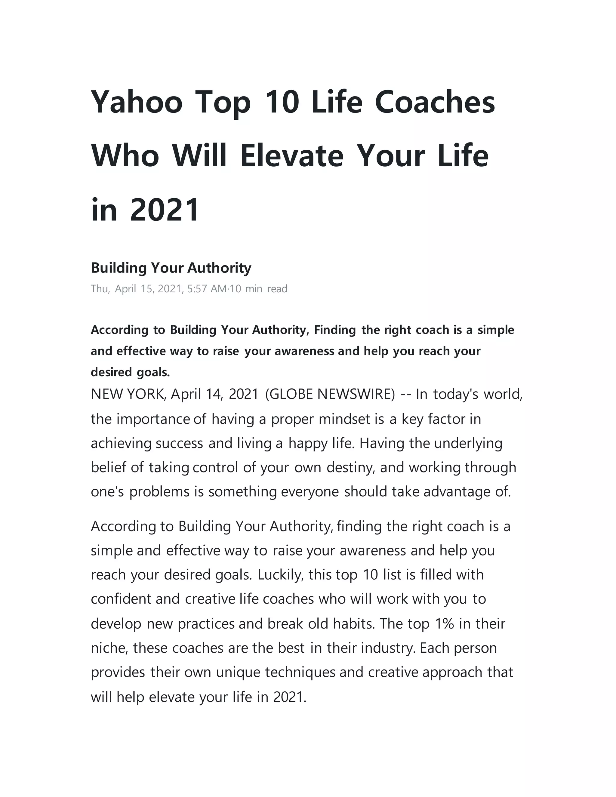 Yahoo top 10 life coaches who will elevate your life in 2021 PDF