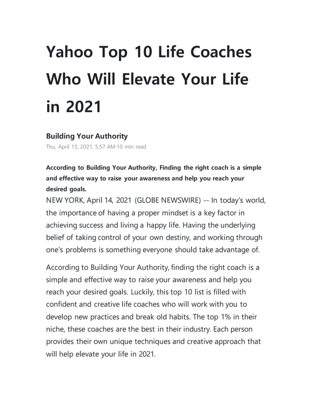 Yahoo top 10 life coaches who will elevate your life in 2021 PDF