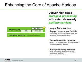 © Hortonworks Inc. 2013
Enhancing the Core of Apache Hadoop
Page 2
HADOOP	
  CORE	
  
PLATFORM	
  SERVICES	
   Enterprise Readiness
HDFS	
   YARN	
  (in	
  2.0)	
  
MAP	
  REDUCE	
  
Deliver high-scale
storage & processing
with enterprise-ready
platform services
Unique Focus Areas:
•  Bigger, faster, more flexible
Continued focus on speed & scale and
enabling near-real-time apps
•  Tested & certified at scale
Run ~1300 system tests on large Yahoo
clusters for every release
•  Enterprise-ready services
High availability, disaster recovery,
snapshots, security, …
 