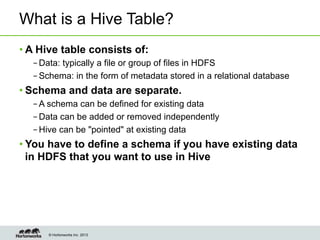 © Hortonworks Inc. 2013
What is a Hive Table?
• A Hive table consists of:
– Data: typically a file or group of files in HDFS
– Schema: in the form of metadata stored in a relational database
• Schema and data are separate.
– A schema can be defined for existing data
– Data can be added or removed independently
– Hive can be "pointed" at existing data
• You have to define a schema if you have existing data
in HDFS that you want to use in Hive
 