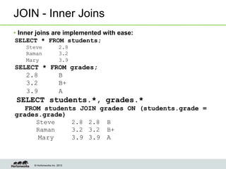 © Hortonworks Inc. 2013
JOIN - Inner Joins
•  Inner joins are implemented with ease:
SELECT * FROM students;
Steve 2.8
Raman 3.2
Mary 3.9
SELECT * FROM grades;
2.8 B
3.2 B+
3.9 A
SELECT students.*, grades.*
FROM students JOIN grades ON (students.grade =
grades.grade)
Steve 2.8 2.8 B
Raman 3.2 3.2 B+
Mary 3.9 3.9 A
 