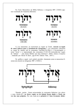 - 1 -
No Texto Massorético da Bíblia Hebraica o tetragrama ‫יהוה‬ ( YHWH ) apa-
rece vocalizado de 4 maneiras diferentes:
“[...] os massoretas , ao escreverem as vogais na Torah , usavam as vogais
de outra palavra para a pronúncia do tetragrama. [...] os massoretas colocaram
as vogais de Adonai sob as consoantes Yud-Heh-Vav-Heh. [...] Em português , o
nome ‘Jeová’ é a representação das consoantes ( Y-H-V-H ) acrescidas das vogais
de ‘Adonai’ — uma forma híbrida sem base histórica” ( Bíblia Judaica Completa
, traduzida por David H. Stern , pgs.43-44; Editora Vida , 2010 ).
No gráfico a seguir você poderá perceber claramente como os massoretas fi-
zeram este enxerto no tetragrama ‫יהוה‬ ( YHWH ):
“Quando , porém , foram acrescentadas às consoantes hebraicas ( no oitavo
e nono século d.C. ) as letras vogais , as de Adonai foram dadas a Yhwh em
vez das suas próprias. Por esta razão, se o primeiro ‘a’ fosse levemente disfar-
 