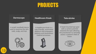 A head-mounted eye gear
with a camera pointed
towards the eyes allowing
the practitioner to remotely
assess a patient’s field of
vision.
A Healthcare Kiosk is a
user-friendly, automated
platform that empowers
patients and streamlines
medical processes.
A small, handheld device
used to examine the skin,
nails, scalp, and hair.
13
PROJECTS
Dermscope Healthcare Kiosk Tele-stroke
 