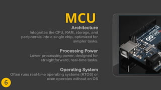 Architecture
Integrates the CPU, RAM, storage, and
peripherals into a single chip, optimized for
simpler tasks.
Processing Power
Lower processing power, designed for
straightforward, real-time tasks.
Operating System
Often runs real-time operating systems (RTOS) or
even operates without an OS
MCU
 
