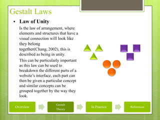 Gestalt Laws
    Law of Unity
     Is the law of arrangement, where
     elements and structures that have a
     visual connection will look like
     they belong
     together(Chang, 2002), this is
     described as being in unity.
     This can be particularly important
     as this law can be used to
     breakdown the different parts of a
     website’s interface, each part can
     then be given a particular concept
     and similar concepts can be
     grouped together by the way they
     look.

                          Gestalt
 Overview                                  In Practice   References
                          Theory
 