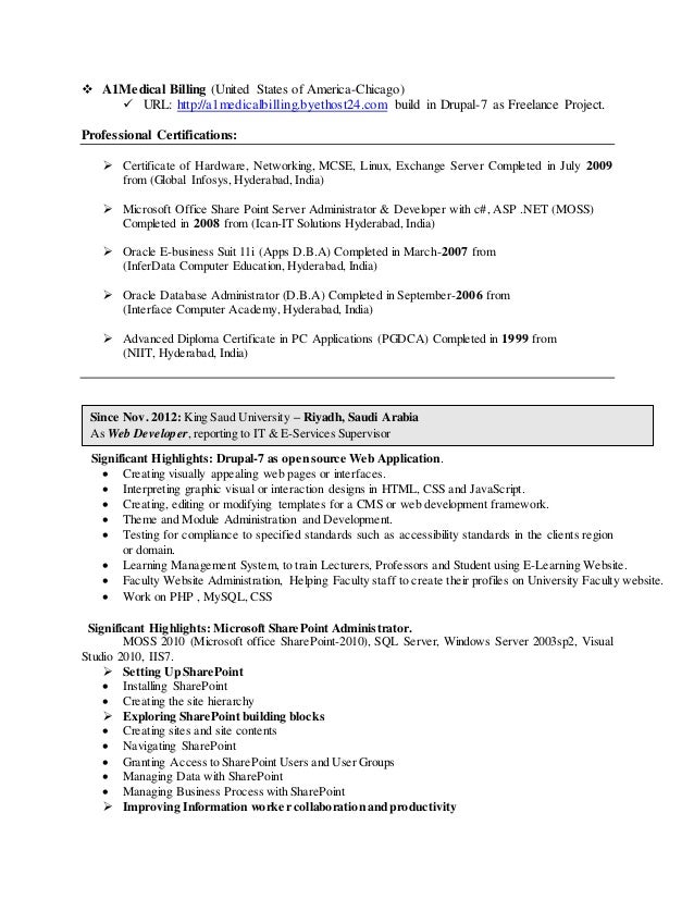 Sharepoint 2010 administrator resume