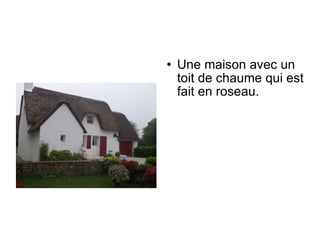 Une maison avec un toit de chaume qui est fait en roseau.