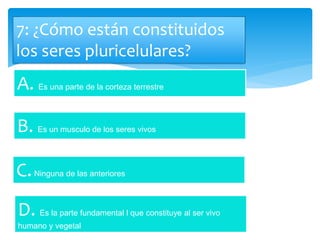 7: ¿Cómo están constituidos
los seres pluricelulares?
A. Es una parte de la corteza terrestre
B. Es un musculo de los seres vivos
C.Ninguna de las anteriores
D. Es la parte fundamental l que constituye al ser vivo
humano y vegetal
 