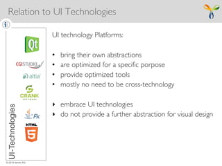 © 2019 itemis AG
UI technology Platforms:
• bring their own abstractions
• are optimized for a specific porpose
• provide optimized tools
• mostly no need to be cross-technology
‣ embrace UI technologies
‣ do not provide a further abstraction for visual design
UI-TechnologiesRelation to UI Technologies
 