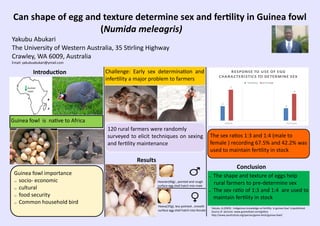 Can shape of egg and texture determine sex and fertility in Guinea fowl
(Numida meleagris)
Yakubu Abukari
The University of Western Australia, 35 Stirling Highway
Crawley, WA 6009, Australia
Email: yakubuabukari@ymail.com
Guinea fowl is native to Africa
Guinea fowl importance
 socio- economic
 cultural
 food security
 Common household bird
Challenge: Early sex determination and
infertility a major problem to farmers
120 rural farmers were randomly
surveyed to elicit techniques on sexing
and fertility maintenance
35
30
75
65
S H A P E T E X T U R E
RESPONSE TO USE OF EGG
CHARACTERISTICS TO DETERMINE SEX
frequency percentage
The sex ratios 1:3 and 1:4 (male to
female ) recording 67.5% and 42.2% was
used to maintain fertility in stock
 The shape and texture of eggs help
rural farmers to pre-determine sex
 The sex ratio of 1:3 and 1:4 are used to
maintain fertility in stock
Introduction
Conclusion
Yakubu ,A.(2003) : Indigenous knowledge on fertility in guinea fowl. Unpublished.
Source of pictures :www.guineafowl.com/gallery
http://www.poultryhub.org/species/game-birds/guinea-fowl/
Results
Heavier(40g) , pointed and rough
surface egg shell hatch into male
Heavy(35g), less pointed , smooth
surface egg shell hatch into female
Guinea
coast
 