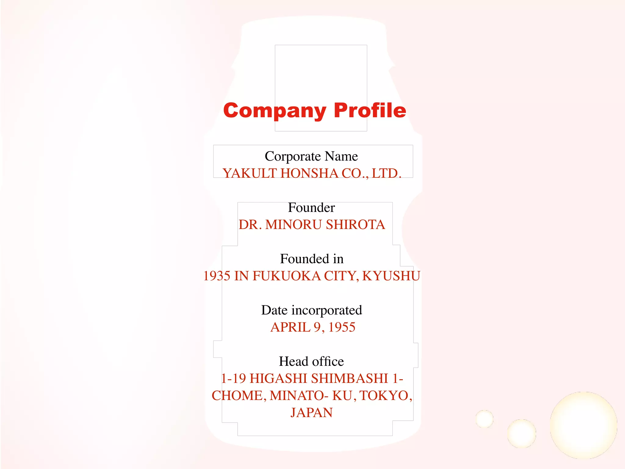 Company Profile
Corporate Name
YAKULT HONSHA CO., LTD.
Founder
DR. MINORU SHIROTA
Founded in
1935 IN FUKUOKA CITY, KYUSHU
Date incorporated
APRIL 9, 1955
Head ofﬁce
1-19 HIGASHI SHIMBASHI 1-
CHOME, MINATO- KU, TOKYO,
JAPAN
 