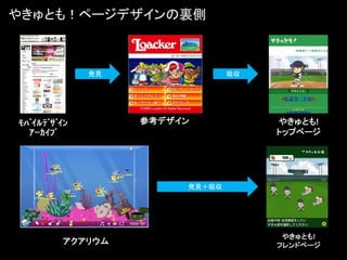 やきゅとも！ページデザインの裏側



              発見                吸収




ﾓﾊﾞｲﾙﾃﾞｻﾞｲﾝ        参考デザイン            やきゅとも!
  ｱｰｶｲﾌﾞ                             トップページ




                        発見＋吸収




                                      やきゅとも!
         アクアリウム                      フレンドページ
 