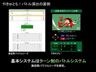 やきゅとも！バトル演出の裏側




 激空間パワフルリーグ          やきゅとも！


  基本システムはターン制のバトルシステム
              激空間パワフルリーグを研究。
 