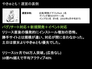 やきゅとも！運営の裏側

       運営体制:   企画/開発/ﾃﾞｻﾞｲﾝ/flash 1名
               デバッグ兼カスタマー 2名
               インフラ/1名 計4名 (2010年6月中旬まで)


バグ/チート対応＋新規開発＋イベント対応
リリース直後の爆発的にインストール増加の恐怖。
勝手サイトとは規模が違い、対応が間に合わなかった。
土日は彼女よりやきゅとも!優先でした。

リリース1ヶ月で60万人突破。(広告なし)
10億PV越えで平均アクティブ40%
 