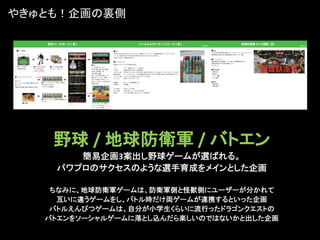 やきゅとも！企画の裏側




    野球 / 地球防衛軍 / バトエン
       簡易企画3案出し野球ゲームが選ばれる。
    パワプロのサクセスのような選手育成をメインとした企画

    ちなみに、地球防衛軍ゲームは、防衛軍側と怪獣側にユーザーが分かれて
     互いに違うゲームをし、バトル時だけ両ゲームが連携するといった企画
    バトルえんぴつゲームは、自分が小学生くらいに流行ったドラゴンクエストの
   バトエンをソーシャルゲームに落とし込んだら楽しいのではないかと出した企画
 