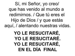 Sí, mi Señor, yo creo/
que has venido al mundo a
redimirnos. / Que tú eres el
Hijo de Dios / y que estás
aquí, / alentando nuestras vidas. 
YO LE RESUCITARÉ, 
YO LE RESUCITARÉ.
YO LE RESUCITARÉ, 
EN EL DÍA  FINAL
 