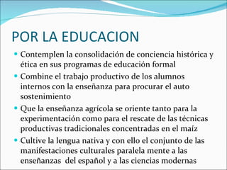 Contemplen la consolidación de conciencia histórica y ética en sus programas de educación formal Combine el trabajo productivo de los alumnos internos con la enseñanza para procurar el auto sostenimiento Que la enseñanza agrícola se oriente tanto para la experimentación como para el rescate de las técnicas productivas tradicionales concentradas en el maíz  Cultive la lengua nativa y con ello el conjunto de las manifestaciones culturales paralela mente a las enseñanzas  del español y a las ciencias modernas  POR LA EDUCACION  