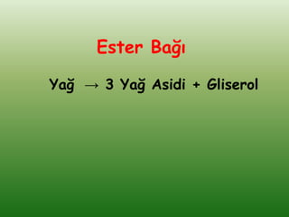 Ester Bağı

Yağ → 3 Yağ Asidi + Gliserol
 