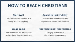 HOW TO REACH CHRISTIANS
Don’t lead off with rhetoric that
hardly works on anybody.
Start Well
Christians remain faithful to their
religious documents and traditions.
Appeal to their Fidelity
Libertarianism is not a monolithic
ideology, but a diverse movement.
Broad Camp
Changing one’s mind is
often a long-term endeavor.
Conversations > Conversions
 