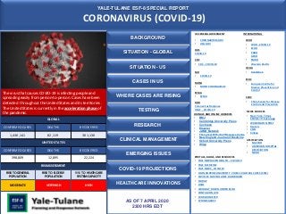 YALE-TULANE ESF-8 SPECIAL REPORT
CORONAVIRUS (COVID-19)
AS OF 7 APRIL 2020
2300 HRS EDT
US FEDERAL GOVERMENT
• CORONAVIRUS.GOV
• USA.GOV
HHS
COVID-19
CDC
• CDC – COVID-19
NIH
• COVID-19
NIOSH
• NIOSH CORONAVISUS
FEMA
• FEMA
DOD
Coronavirus Response
USAF _ COVID-19
NEWS SOURCES
• New York Times
COVID-19 Coverage
• WASHINGTON POST
• Reuters
• CNN
• Xinhua
ASSOCIATION
• NACCHO
• AMERICAN HOSPITAL
ASSOCIATION
• NRHA
SITUATION - GLOBAL
PORTALS, BLOGS, AND RESOURCES
• YALE NEWHAVEN HEALTH – COVID-19
• YALE MEDICINE
• YALE NEWS _COVID 19
• JOHN HOPKINS UNIVERSITY COVID-19 GLOBAL CASES (CSSE)
• COVID-19 SURVEILLANCE DASHBOARD
• CIDRAP
• H5N1
• VIROLOGY DOWN UNDER BLOG
• CONTAGION LIVE
• WORLDOMETER
• 1POINT3ACRES
BACKGROUND WHO
• WHO –COVID-19
• ECHO
• PAHO
AFRO
• EMRO
• Western Pacific
OCHA
• ReliefWeb
ECDC
• European Centre for
Disease Prevention and
Control
CCDC
• China Center for Disease
Control and Prevention
INTERNATIONAL
JOUNALS AND ONLINE LIBRARIES
• BMJ
• Cambridge University Press
• Cochrane
• Elsevier
• JAMA Network
• The Lancet 2019-nCoV Resource Centre
• New England Journal of Medicine
• Oxford University Press
• Wiley
RESEARCH
SITUATION - US
The virus that causes COVID-19 is infecting people and
spreading easily from person-to-person. Cases have been
detected throughout the United States and its territories .
The United States is currently in the acceleration phase of
the pandemic.
RISK ASSESSMENT
RISK TO GENERAL
POPULATION
RISK TO ELDERLY
POPULATION
RISK TO HEATHCARE
SYSTEM CAPACITY
MODERATE VERY HIGH HIGH
GLOBAL
CONFIRMED CASES DEATHS RECOVERED
1,430,141 82,119 301,130
UNITED STATES
CONFIRMED CASES DEATHS RECOVERED
398,809 12,895 22,224
HEALTHCARE INNOVATIONS
COVID-19 PROJECTIONS
CASES IN US
WHERE CASES ARE RISING
TESTING
CLINICAL MANAGEMENT
EMERGING ISSUES
 