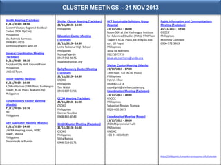 CLUSTER MEETINGS - 22 NOV 2013
Health Meeting (Tacloban)
22/11/2013 - 08:00
Eastern Visayas Regional Medical Center
(DOH O...