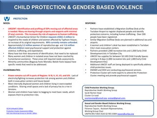CHILD PROTECTION & GENDER BASED VIOLENCE
PROTECTION
NEEDS:

RESPONSE:

•

•

•
•
•
•
•

URGENT: Identification and profili...