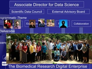 Associate Director for Data Science 
Scientific Data Council External Advisory Board 
Programmatic Theme 
Sustainability Education Innovation Process 
Deliverable 
Commons Training 
BD2K Efficiency 
Example Features • IC’s 
• Cloud – Data & 
Compute 
• Search 
• Security 
• Reproducibility 
Standards 
• App Store 
• Coordinate 
• Hands-on 
• Syllabus 
• MOOCs 
• Community 
• Centers 
• Training Grants 
• Catalogs 
• Standards 
• Analysis 
• Data 
Resource 
Support 
• Metrics 
• Best 
Practices 
• Evaluation 
• Portfolio 
Analysis 
Collaboration 
Partnerships 
• Researchers 
• Federal 
Agencies 
• International 
Partners 
• Computer 
Scientists 
The Biomedical Research Digital Enterprise 
 