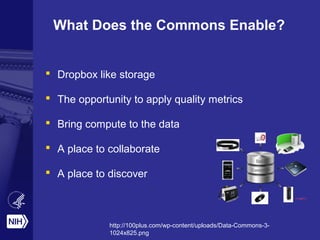 What Does the Commons Enable? 
 Dropbox like storage 
 The opportunity to apply quality metrics 
 Bring compute to the data 
 A place to collaborate 
 A place to discover 
http://100plus.com/wp-content/uploads/Data-Commons-3- 
1024x825.png 
 
