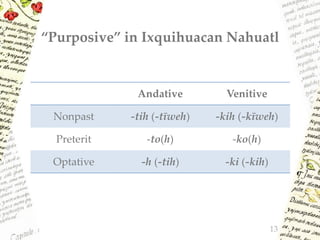 “Purposive” in Ixquihuacan Nahuatl
Andative Venitive
Nonpast -tih (-tīweh) -kih (-kīweh)
Preterit -to(h) -ko(h)
Optative -h (-tih) -ki (-kih)
13
 