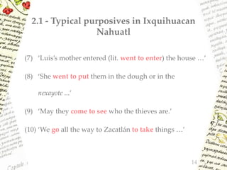 2.1 - Typical purposives in Ixquihuacan
Nahuatl
(7) ‘Luis’s mother entered (lit. went to enter) the house …’
(8) ‘She went to put them in the dough or in the
nexayote ...’
(9) ‘May they come to see who the thieves are.’
(10) ‘We go all the way to Zacatlán to take things …’
14
 