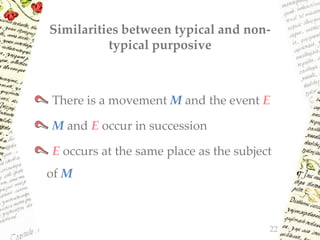 Similarities between typical and non-
typical purposive
There is a movement M and the event E
M and E occur in succession
E occurs at the same place as the subject
of M
22
 