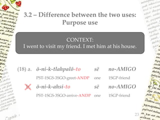 3.2 – Difference between the two uses:
Purpose use
(18) a. ō-ni-k-tlahpalō-to sē no-AMIGO
PST-1SGS-3SGO-greet-ANDP one 1SGP-friend
b. ō-ni-k-ahsi-to sē no-AMIGO
PST-1SGS-3SGO-arrive-ANDP one 1SGP-friend
23
CONTEXT:
I went to visit my friend. I met him at his house.
 