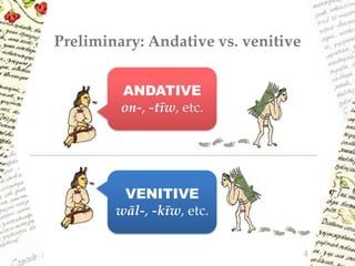 Preliminary: Andative vs. venitive
4
ANDATIVE
on-, -tīw, etc.
VENITIVE
wāl-, -kīw, etc.
 