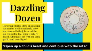 Dazzling
Dozen
“Open up a child’s heart and continue with the arts.”
Our group started off to an amazing
connection and immediately knew
our name with the jokes made by
our counselor Joe, being a baker’s
dozen. All unique, but with the same
quality and overall goal.
 