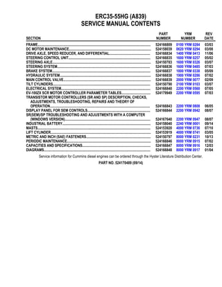 ERC35-55HG (A839)
SERVICE MANUAL CONTENTS
SECTION
PART
NUMBER
YRM
NUMBER
REV
DATE
FRAME............................................................................................................................ 524166809 0100 YRM 0284 03/03
DC MOTOR MAINTENANCE.......................................................................................... 524158039 0620 YRM 0294 03/08
DRIVE AXLE, SPEED REDUCER, AND DIFFERENTIAL............................................. 524166834 1400 YRM 0413 11/06
STEERING CONTROL UNIT.......................................................................................... 524166835 1600 YRM 0257 05/02
STEERING AXLE............................................................................................................ 524150783 1600 YRM 0326 03/07
STEERING SYSTEM...................................................................................................... 524166836 1600 YRM 0485 07/03
BRAKE SYSTEM............................................................................................................ 524166837 1800 YRM 0338 05/09
HYDRAULIC SYSTEM.................................................................................................... 524166838 1900 YRM 0286 07/02
MAIN CONTROL VALVE................................................................................................ 524166839 2000 YRM 0077 02/09
TILT CYLINDERS........................................................................................................... 524150790 2100 YRM 0103 03/07
ELECTRICAL SYSTEM.................................................................................................. 524166840 2200 YRM 0560 07/05
EV-100ZX SCR MOTOR CONTROLLER PARAMETER TABLES................................ 524179949 2200 YRM 0595 07/03
TRANSISTOR MOTOR CONTROLLERS (SR AND SP) DESCRIPTION, CHECKS,
ADJUSTMENTS, TROUBLESHOOTING, REPAIRS AND THEORY OF
OPERATION.............................................................................................................. 524166843 2200 YRM 0808 06/05
DISPLAY PANEL FOR SEM CONTROLS..................................................................... 524166844 2200 YRM 0942 08/07
SR(SEM)/SP TROUBLESHOOTING AND ADJUSTMENTS WITH A COMPUTER
(WINDOWS VERSION).............................................................................................. 524167640 2200 YRM 0947 08/07
INDUSTRIAL BATTERY................................................................................................. 524158040 2240 YRM 0001 09/14
MASTS............................................................................................................................ 524153920 4000 YRM 0736 07/10
LIFT CYLINDER.............................................................................................................. 524153919 4000 YRM 0741 03/05
METRIC AND INCH (SAE) FASTENERS....................................................................... 524150797 8000 YRM 0231 10/13
PERIODIC MAINTENANCE............................................................................................ 524166846 8000 YRM 0915 07/02
CAPACITIES AND SPECIFICATIONS........................................................................... 524166847 8000 YRM 0916 12/03
DIAGRAMS..................................................................................................................... 524166848 8000 YRM 0917 01/04
Service information for Cummins diesel engines can be ordered through the Hyster Literature Distribution Center.
PART NO. 524170489 (09/14)
 