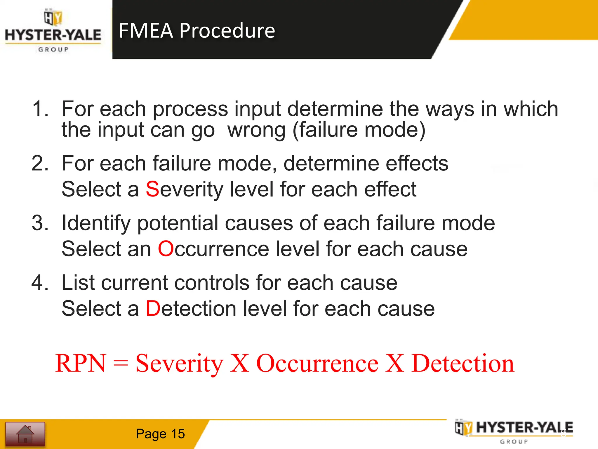 FMEA Procedure
1. For each process input determine the ways in which
the input can go wrong (failure mode)
2. For each failure mode, determine effects
Select a Severity level for each effect
3. Identify potential causes of each failure mode
Select an Occurrence level for each cause
4. List current controls for each cause
Select a Detection level for each cause
1
5
Page 15
RPN = Severity X Occurrence X Detection
 