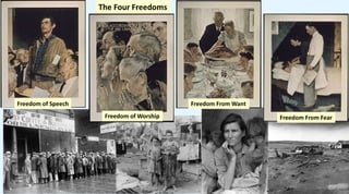 Freedom of Speech
Freedom of Worship Freedom From Fear
Freedom From Want
The Four Freedoms
 