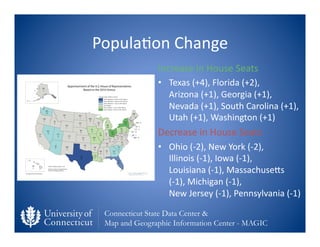Popula0on	
  Change	
  
                Increase	
  in	
  House	
  Seats	
  
                •  Texas	
  (+4),	
  Florida	...