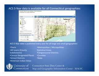 ACS	
  5-­‐Year	
  data	
  is	
  available	
  for	
  all	
  Connec0cut	
  geographies:	
  




 ACS	
  5-­‐Year	
  data	
 ...