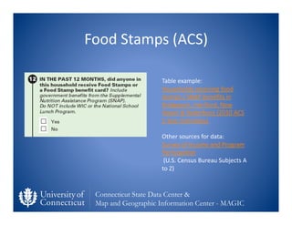 Food	
  Stamps	
  (ACS)	
  

                      Table	
  example:	
  
                      Households	
  receiving	
  ...