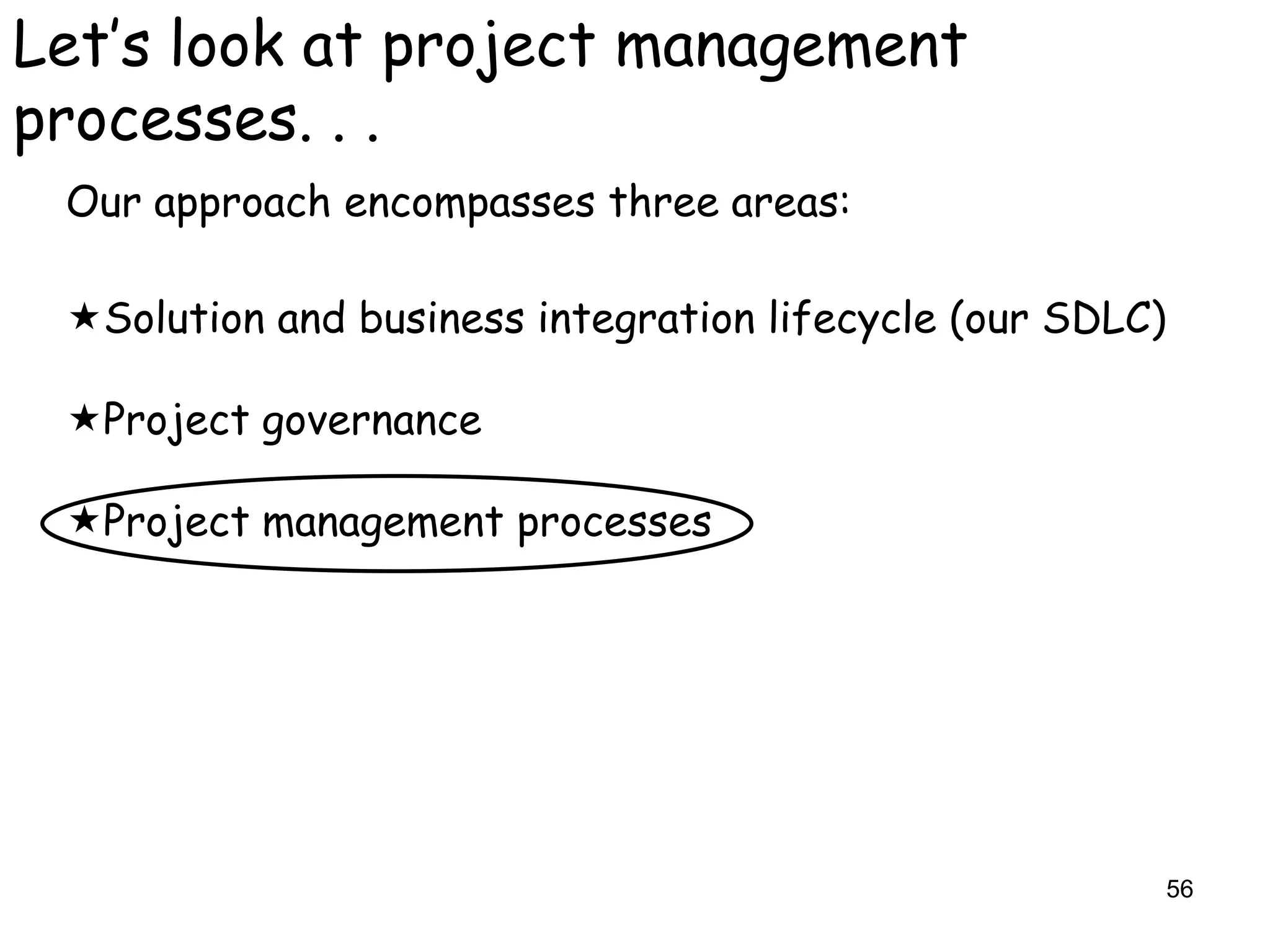 Let‟s look at project management
processes. . .
 Our approach encompasses three areas:

 Solution and business integration lifecycle (our SDLC)

 Project governance

 Project management processes




                                                           56
 