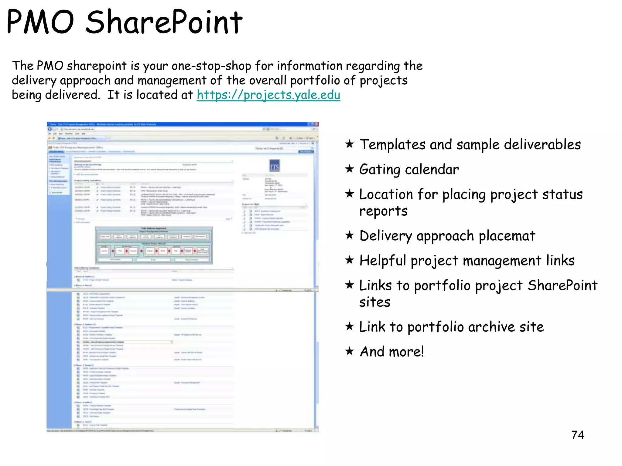 PMO SharePoint
The PMO sharepoint is your one-stop-shop for information regarding the
delivery approach and management of the overall portfolio of projects
being delivered. It is located at https://projects.yale.edu



                                                         Templates and sample deliverables
                                                         Gating calendar
                                                         Location for placing project status
                                                          reports
                                                         Delivery approach placemat
                                                         Helpful project management links
                                                         Links to portfolio project SharePoint
                                                          sites
                                                         Link to portfolio archive site
                                                         And more!




                                                                                           74
 