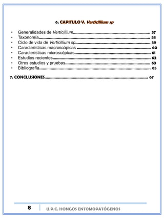 U.P.C. HONGOS ENTOMOPATÓGENOS
6.
• Generalidades de Verticillium………………………………………………………….. 57
• Taxonomía…………………………………………………………………………………….. 58
• Ciclo de vida de Verticillium sp………………………………………………………… 59
• Características macroscópicas ……………………….………………………………. 60
• Características microscópicas…………………………………………………………. 61
• Estudios recientes………………………………………………………………………….. 62
• Otros estudios y pruebas………………………………………………………………… 63
• Bibliografía…………………………………………………………………………………….. 65
7. CONCLUSIONES………………………………………………………………………………. 67
8
 