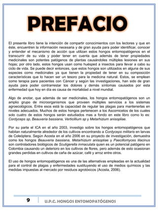 U.P.C. HONGOS ENTOMOPATÓGENOS
El presente libro tiene la intención de compartir conocimientos con los lectores y que en
éste, encuentren la información necesaria y de gran ayuda para poder identificar, conocer
y entender el mecanismo de acción que utilizan estos hongos entomopatógenos en el
transcurrir de su vida y poder tener en cuenta que además de tener propiedades
medicinales son potentes patógenos de plantas causándoles múltiples lesiones en sus
hojas; por otro lado, estos hongos usan como huésped a insectos para llevar a cabo su
ciclo de vida. Se puede decir entonces, que estos hongos son utilizados en alguna de sus
especies como medicinales ya que tienen la propiedad de tener en su composición
características que lo hacen ser un tesoro para la medicina natural. Estos, se emplean
como terapia para pacientes con Cáncer y según las investigaciones, han sido de gran
ayuda para poder contrarrestar los dolores y demás síntomas causados por esta
enfermedad que hoy en día es causa de mortalidad a nivel mundial.
Algo de anotar, que además de ser medicinales, los hongos entomopatógenos son un
amplio grupo de microorganismos que proveen múltiples servicios a los sistemas
agroecológicos. Entre esos está la capacidad de regular las plagas para mantenerlas en
niveles adecuados. Muchos de estos hongos pertenecen a los Ascomicetos de los cuales
solo cuatro de estos hongos serán estudiados mas a fondo en este libro como lo es:
Cordyceps sp, Beauveria bassiana, Verticillium sp y Metarhizium anisopliae.
Por su parte el ICA en el año 2003, investigo sobre los hongos entomopatógenos que
habitan naturalmente alrededor de los cultivos encontrando a Cordyceps militaris en larvas
de Coleóptera. Según Acosta en el año 2006 en su proyecto de investigación, demuestra
como los hongos Beauveria bassiana, Metarhizium anisopliae y Paecillomyces lilacinus
son controladores biológicos de Scutigerella inmaculata quien es un potencial patógeno en
Colombia causando un deterioro en los cultivos de flores, pero además de esto ocasionan
grandes perdidas en cultivos de caña de azúcar, café y arroz entre otros.
El uso de hongos entomopatógenos es una de las alternativas empleadas en la actualidad
para el control de plagas y enfermedades sustituyendo el uso de medios químicos y las
medidas impuestas al mercado por residuos agrotóxicos (Acosta, 2006).
9
 