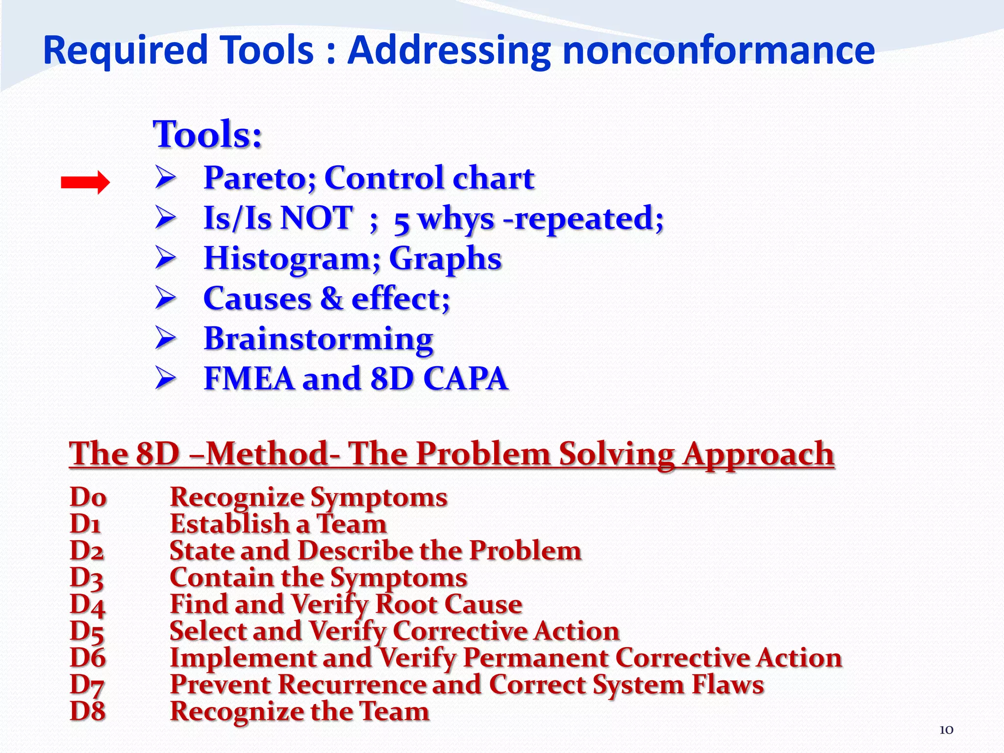 10
Required Tools : Addressing nonconformance
The 8D –Method- The Problem Solving Approach
D0 Recognize Symptoms
D1 Establish a Team
D2 State and Describe the Problem
D3 Contain the Symptoms
D4 Find and Verify Root Cause
D5 Select and Verify Corrective Action
D6 Implement and Verify Permanent Corrective Action
D7 Prevent Recurrence and Correct System Flaws
D8 Recognize the Team
Tools:
 Pareto; Control chart
 Is/Is NOT ; 5 whys -repeated;
 Histogram; Graphs
 Causes & effect;
 Brainstorming
 FMEA and 8D CAPA
 