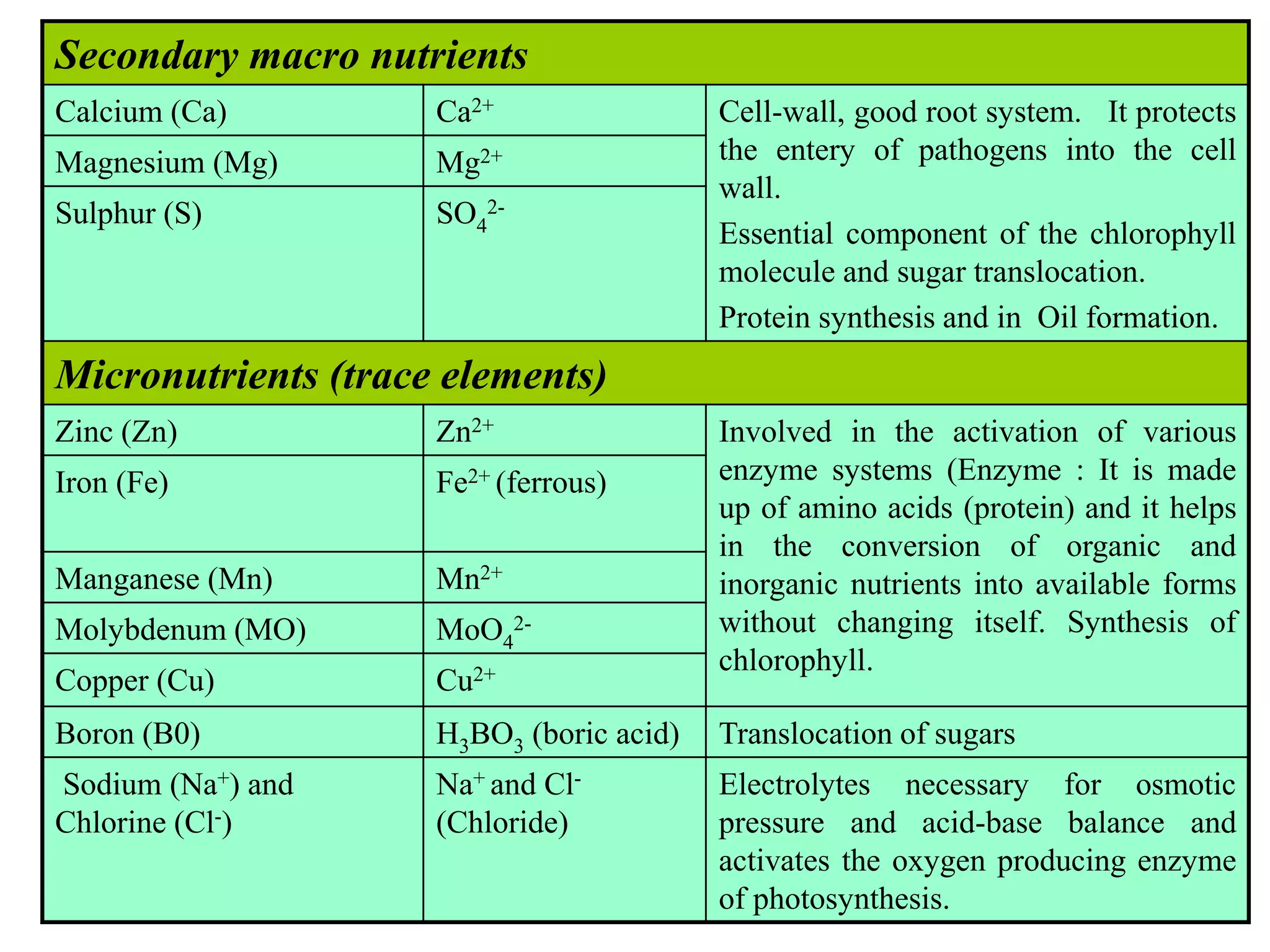 Secondary macro nutrients
Calcium (Ca) Ca2+ Cell-wall, good root system. It protects
the entery of pathogens into the cell
wall.
Essential component of the chlorophyll
molecule and sugar translocation.
Protein synthesis and in Oil formation.
Magnesium (Mg) Mg2+
Sulphur (S) SO4
2-
Micronutrients (trace elements)
Zinc (Zn) Zn2+ Involved in the activation of various
enzyme systems (Enzyme : It is made
up of amino acids (protein) and it helps
in the conversion of organic and
inorganic nutrients into available forms
without changing itself. Synthesis of
chlorophyll.
Iron (Fe) Fe2+ (ferrous)
Manganese (Mn) Mn2+
Molybdenum (MO) MoO4
2-
Copper (Cu) Cu2+
Boron (B0) H3BO3 (boric acid) Translocation of sugars
Sodium (Na+) and
Chlorine (Cl-)
Na+ and Cl-
(Chloride)
Electrolytes necessary for osmotic
pressure and acid-base balance and
activates the oxygen producing enzyme
of photosynthesis.
 