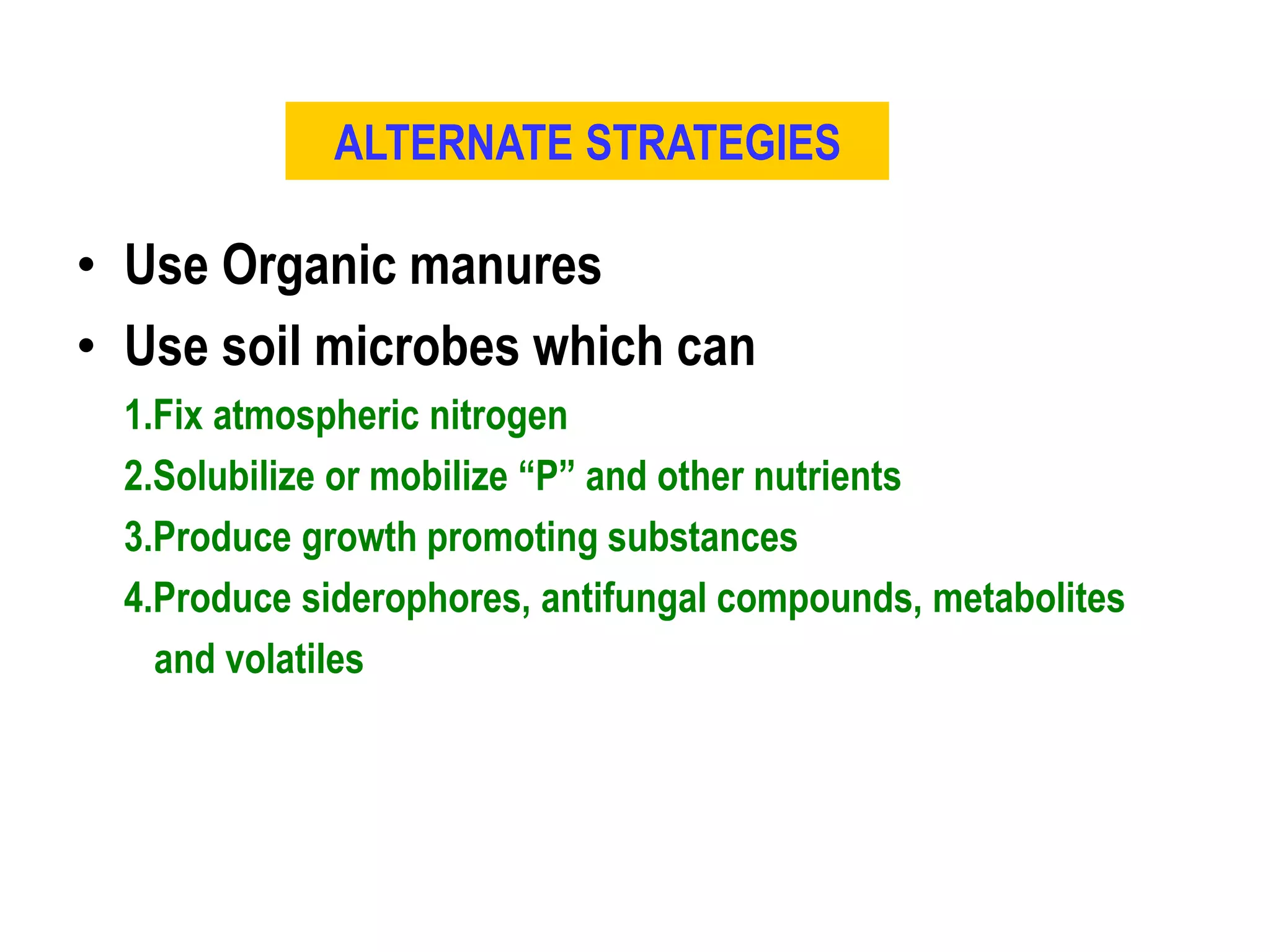 ALTERNATE STRATEGIES
• Use Organic manures
• Use soil microbes which can
1.Fix atmospheric nitrogen
2.Solubilize or mobilize “P” and other nutrients
3.Produce growth promoting substances
4.Produce siderophores, antifungal compounds, metabolites
and volatiles
 